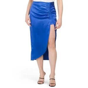 NWT ENDLESS ROSE Blue Satin Finish Front Slit Midi Skirt.  Size M